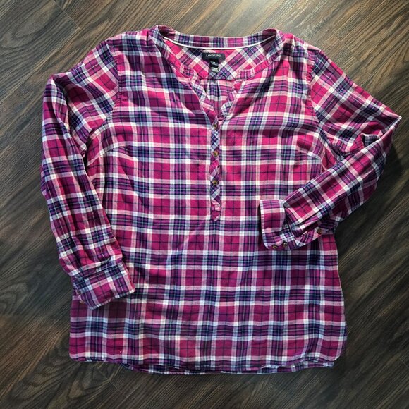 LANDS' END 100% Cotton Magenta/Black/White Plaid Tunic Blouse NWOT/SIZE 18 - Picture 4 of 5